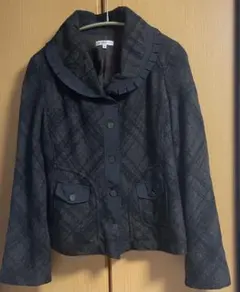 チャコールグレー×ブラックチェック柄フリル襟ジャケット42サイズ