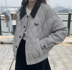 レディース　キルティング　ジャケット　チェック柄　中綿　アウター　グレー　F