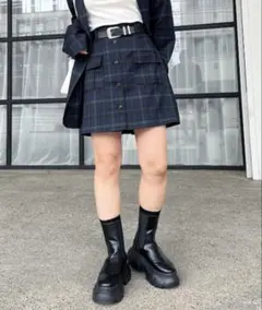 PAGE BOY チェック柄 ミニスカート フロントボタン付き 緑 プリーツ型