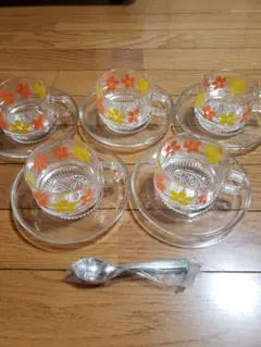 昭和レトロポップ　HOYA　ガラスティーカップ&ソーサー５客セット　ヴィンテージ