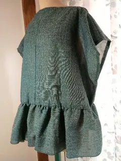 着物リメイク/裾フリル青緑色トップス/絽の着物/透け感