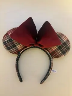 ミニーマウス カチューシャ チェック柄 赤リボン