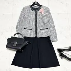 美品✨エフデ　セットアップ　スーツ　ノーカラー　ツイード　ブラック　M