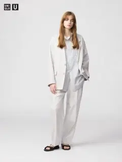 ユニクロユー コットンブレンドタックワイドパンツ ライトグレー WOMEN 55