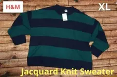 新品エイチ&エムH&M ボーダージャガードニットセーターXL グリーンネイビ緑紺