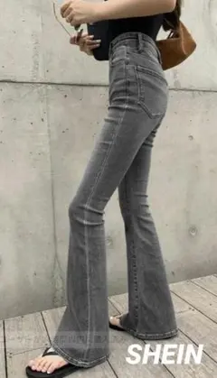 SHEIN シーン ハイウエスト デニムパンツ グレー ブーツカット ワンサイズ