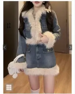 ショート丈ジャケット×ミニスカートファーデニムセットアップ[gc286]