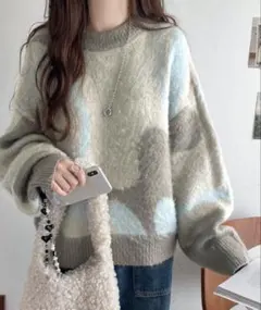 ウェーブ柄 ダブル ジャガード シャギー ニット オーバーサイズプルオーバー