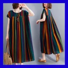 ワンピース ストライプ ロングワンピース マキシ丈 ノースリーブ エスニック L