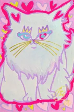 【お花と白猫さん】ハガキサイズ　額無し　絵画　イラスト　猫絵　猫　アート　白猫 ぽっちゃり白猫さん】ハガキサイズ 額無し 絵画 イラスト 猫の絵 猫