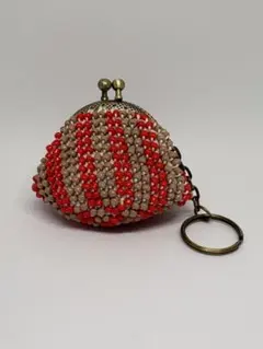 ビーズがま口財布 赤×ベージュ