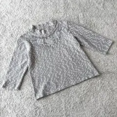 七分袖ハイネックニット 薄手 グレー ビジュー キラキラ 花 伸縮性 ストレッチ