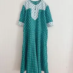 レトロ 花柄 ワンピース グリーン 緑 五分袖 総柄 ヴィンテージ風 Aライン