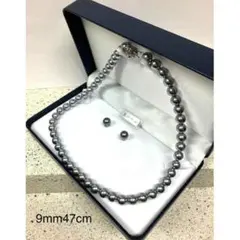 ♦️新品本貝パールネックレスとピアス♦️天然貝真珠ライトグレー9mm47㎝♦️