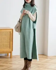 【タグ付き新品未使用品】ノースリーブリブ編みロングワンピース　ライトグリーン