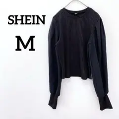 SHEIN 【M】シーイン　長袖トップス ブラック 異素材切り替え リブ