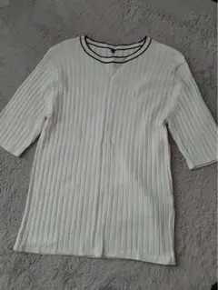 リブ編み ホワイト 半袖ニット LL