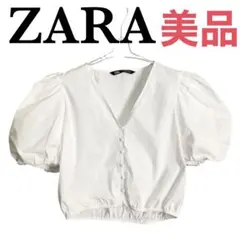 ZARA ザラ パフスリーブ 半袖ブラウス M 白 コットン100% ショート丈のサムネイル