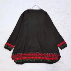 【美品】ジャガード柄入り ニットチュニック M〜L 黒