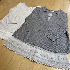 3点セットsm2キーネックちび襟ストライプブラウス&スカラップレースカットソー2