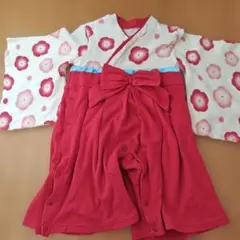 赤と白の花柄 着物スタイルロンパース　90cm