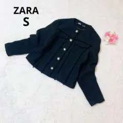 ザラ ノーカラーツイードジャケット 金ボタン フォーマル ウール混 ブラック S