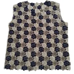 花柄 かぎ針編み グラニースクエア ノースリーブ ベスト ベージュ ネイビー 白