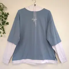 KANGOL　パーカー　Tシャツ　フェイクレイヤード　 L　青✕白　ロゴ　刺繍