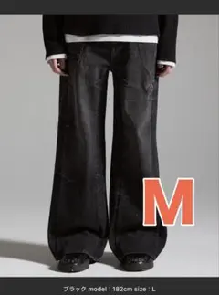 GRANCY】シームデザインワイドストレートデニムパンツ ブラック M