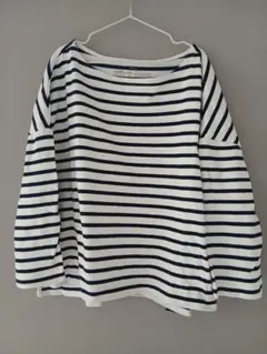 無印 白/紺ボーダー ボートネック七分袖カットソー【M-L】
