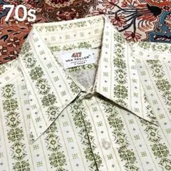 【70s】ビンテージ デカ襟 シャツ グリーン系 モザイク柄 レトロ 超希少！