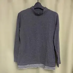 グレー 長袖 ハイネック トップス ストライプ裾