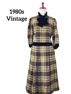 【1980s vintage】昭和レトロチェック黒ベロアフリルワンピース