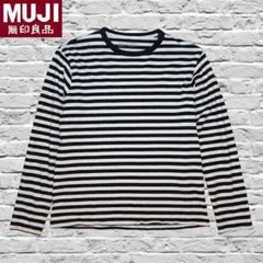 無印良品　紳士　太番手天竺編みクルーネック長袖Ｔシャツ　ボーダー　L　黒×白のサムネイル