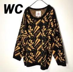 w♥c ダブルシー 総柄 ニット セーター ブラック×オレンジ　大きめ　F 派手