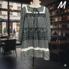 HUDSON レトロ花柄 シフォンチュニック ワンピース M ボヘミアン レースのサムネイル