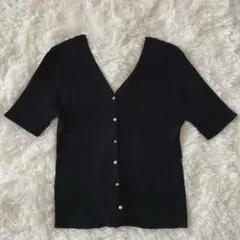 美品　ココディール　ビーズリブニットデザイン半袖カーディガン2　黒◆A132