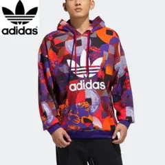 ★総柄★ アディダスオリジナルス スウェット パーカー デカロゴ 紫 マルチ