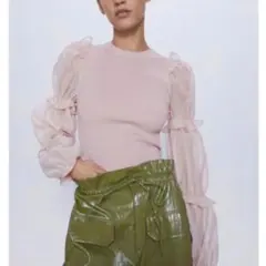 【クリーニング済】ZARA ザラ シアー ニット オーガンジー ピンク M 春服