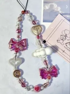 ビーズストラップ　スマホストラップ　ピンクリボン　雲ストラップ　#130