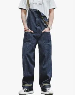 ダークデニム ボタン付きオーバーオール