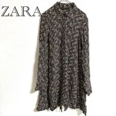 ZARA 花柄 シャツワンピース XS 黒 長袖 前開き　フレア 大人かわいい