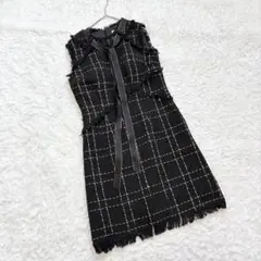 【JEWELS】 キャバドレス S ノースリーブ フリンジ チェック ミニドレス