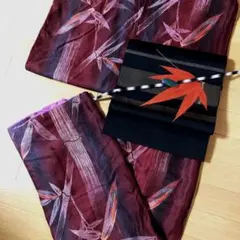 アンティーク　正絹　小紋　ボルドーに黒ストライプ×点描笹竹の粋