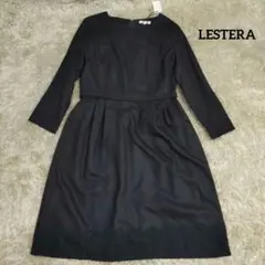LESTERA レステラ レース裾 長袖ウールワンピース ネイビー サイズ40