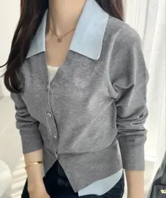 【mily bilet】胸刺繍ダブルカラーレイヤードニットカーディガン（長袖）