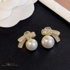 銀針925パールとリボンデザインピアス