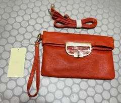 【新品タグ付】本革 2WAY クラッチバッグ ショルダーバッグ オレンジ レザー