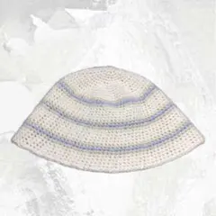 ハンドメイド ホワイト　パープル　イエロー　ストライプ クラッシャーハット