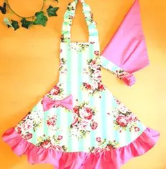 姫エプロン　エメラルドグリーン薔薇　３点セット　100-120